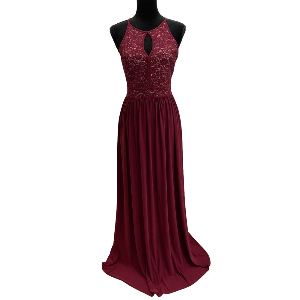 Formal Burgundy Maroon Floor Length Sleeveless Halter Maxi Dress
